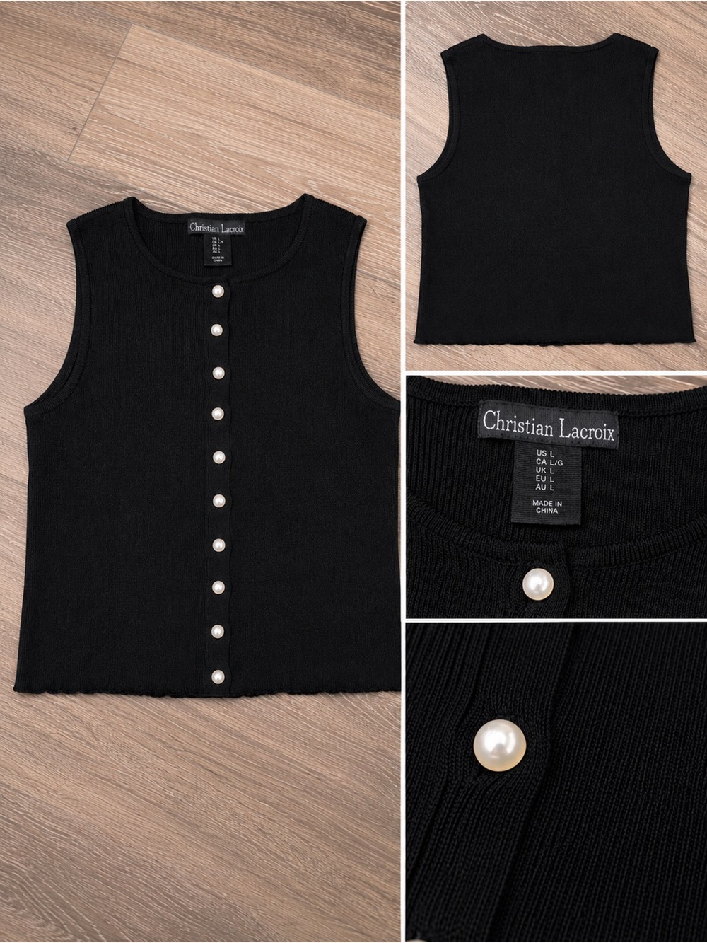 Christian Lacroix Black Knit Pearl-Front Sleeveless Top